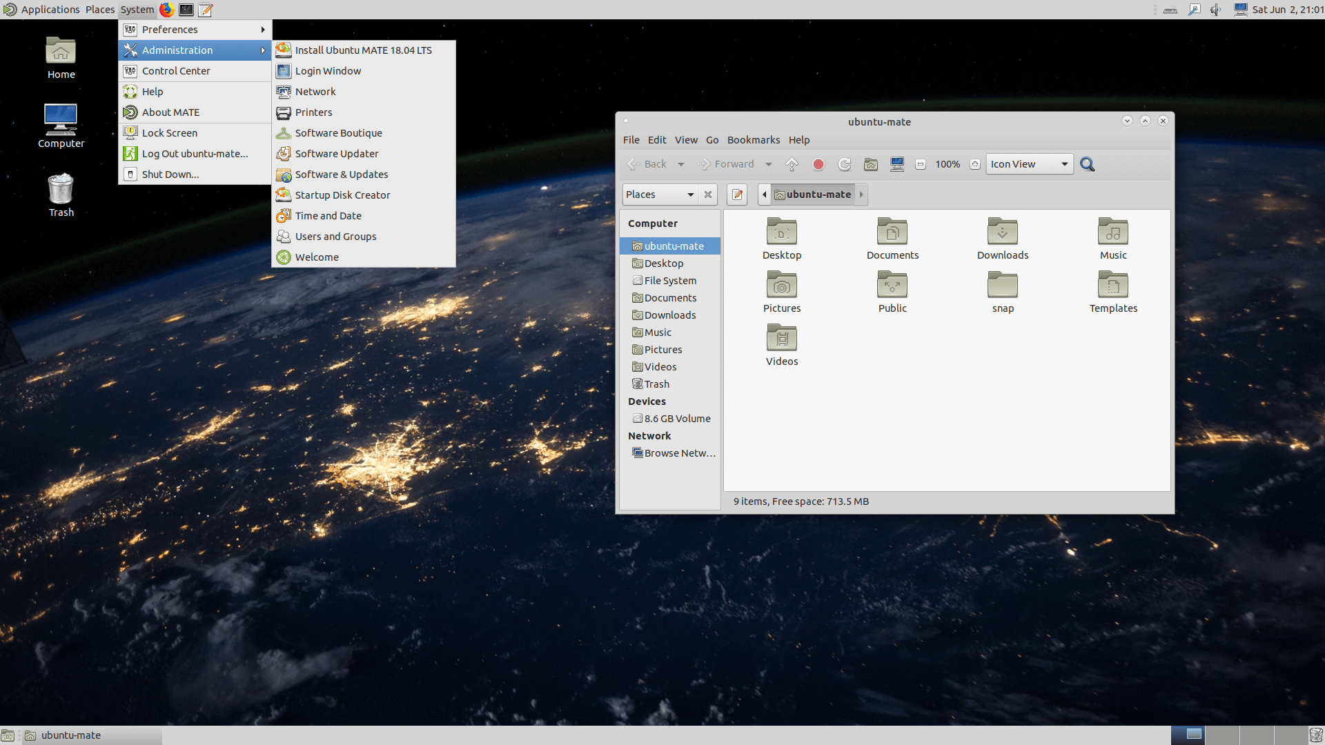 MATE desktop with the Caja file manager and panel menu open