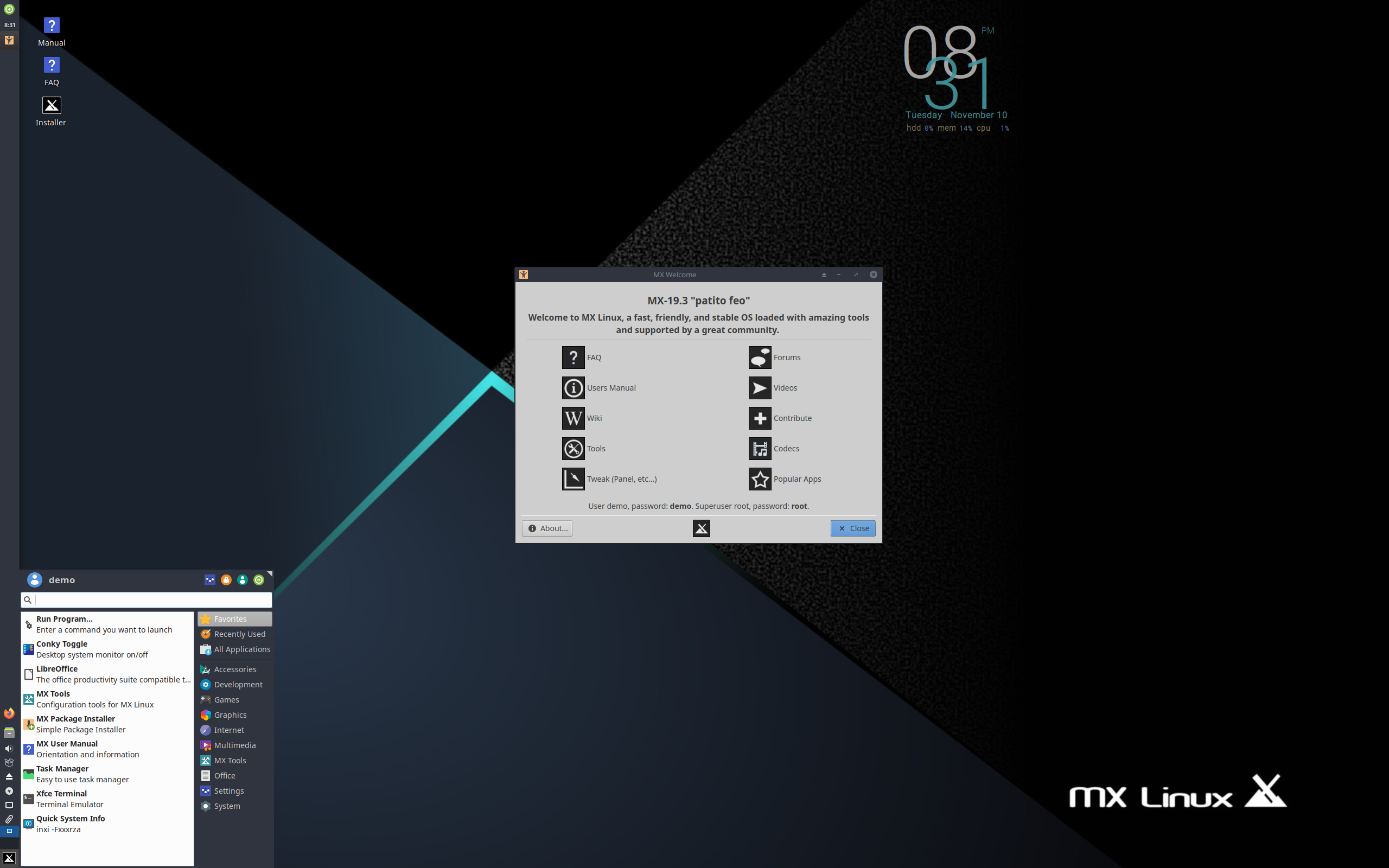 MX Linux 19.3 with custom Xfce desktop